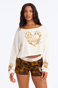 Von Dutch Flame Heart Off Shoulder PJ Short Set - Cream/combo
