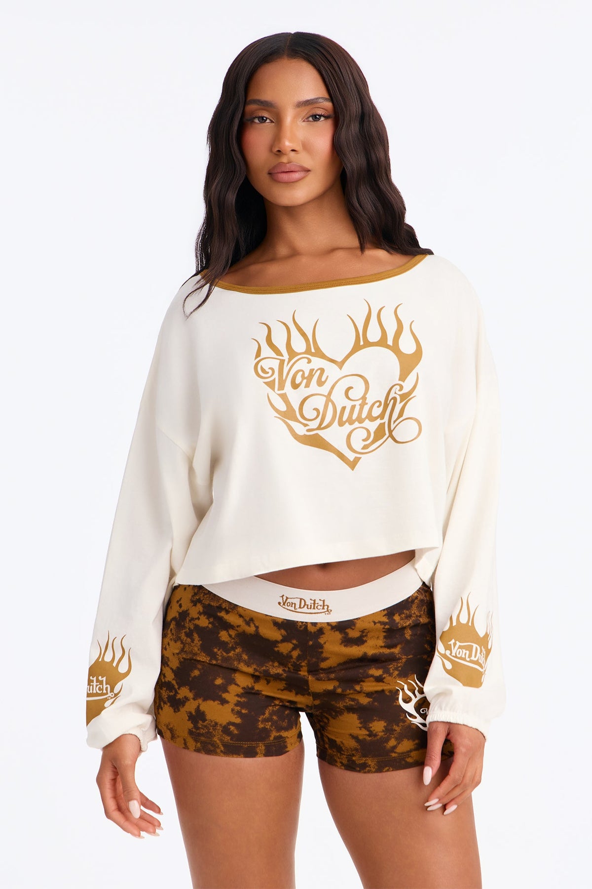Von Dutch Flame Heart Off Shoulder PJ Short Set - Cream/combo