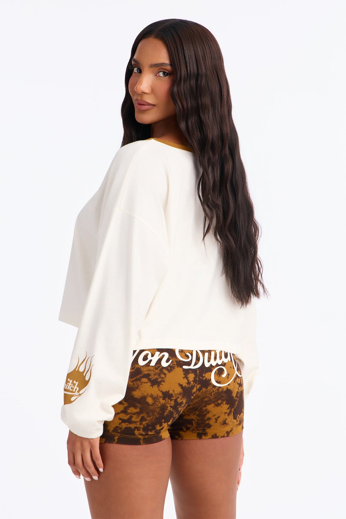 Von Dutch Flame Heart Off Shoulder PJ Short Set - Cream/combo