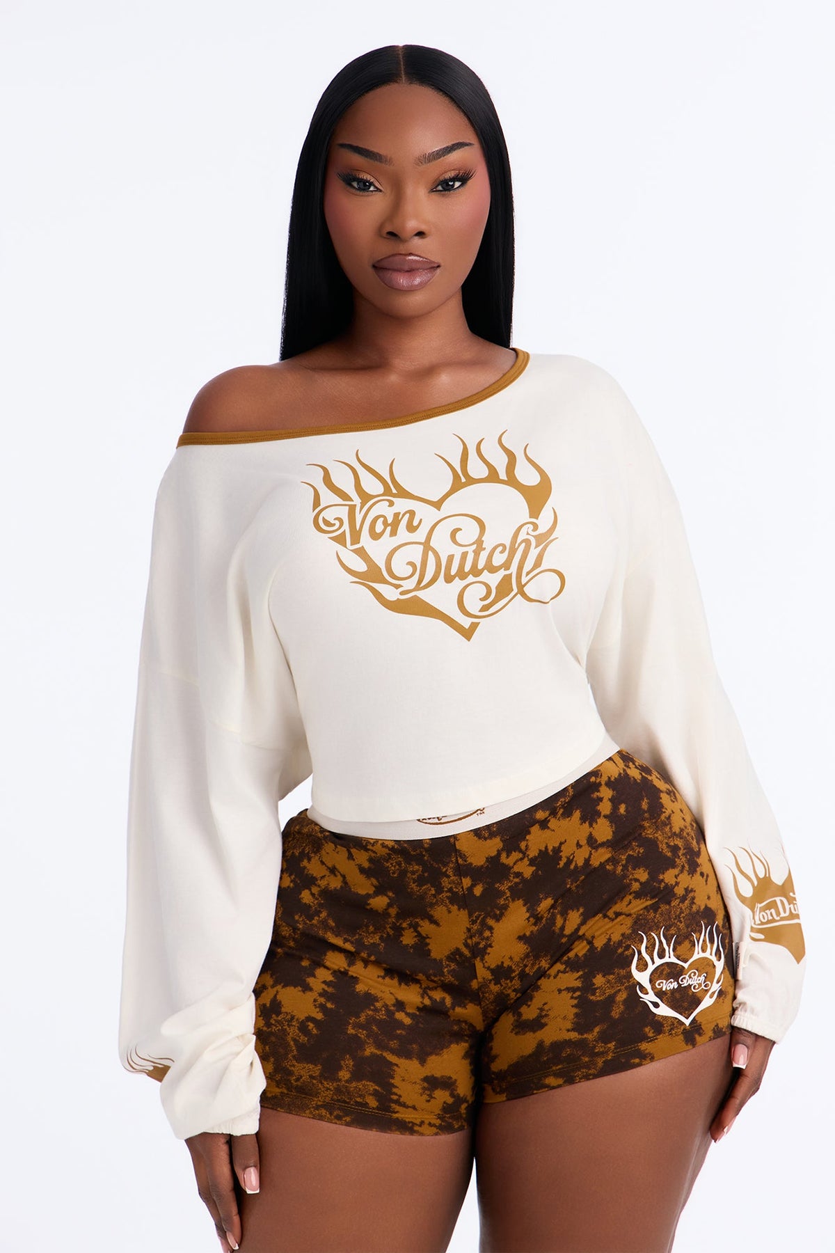 Von Dutch Flame Heart Off Shoulder PJ Short Set - Cream/combo