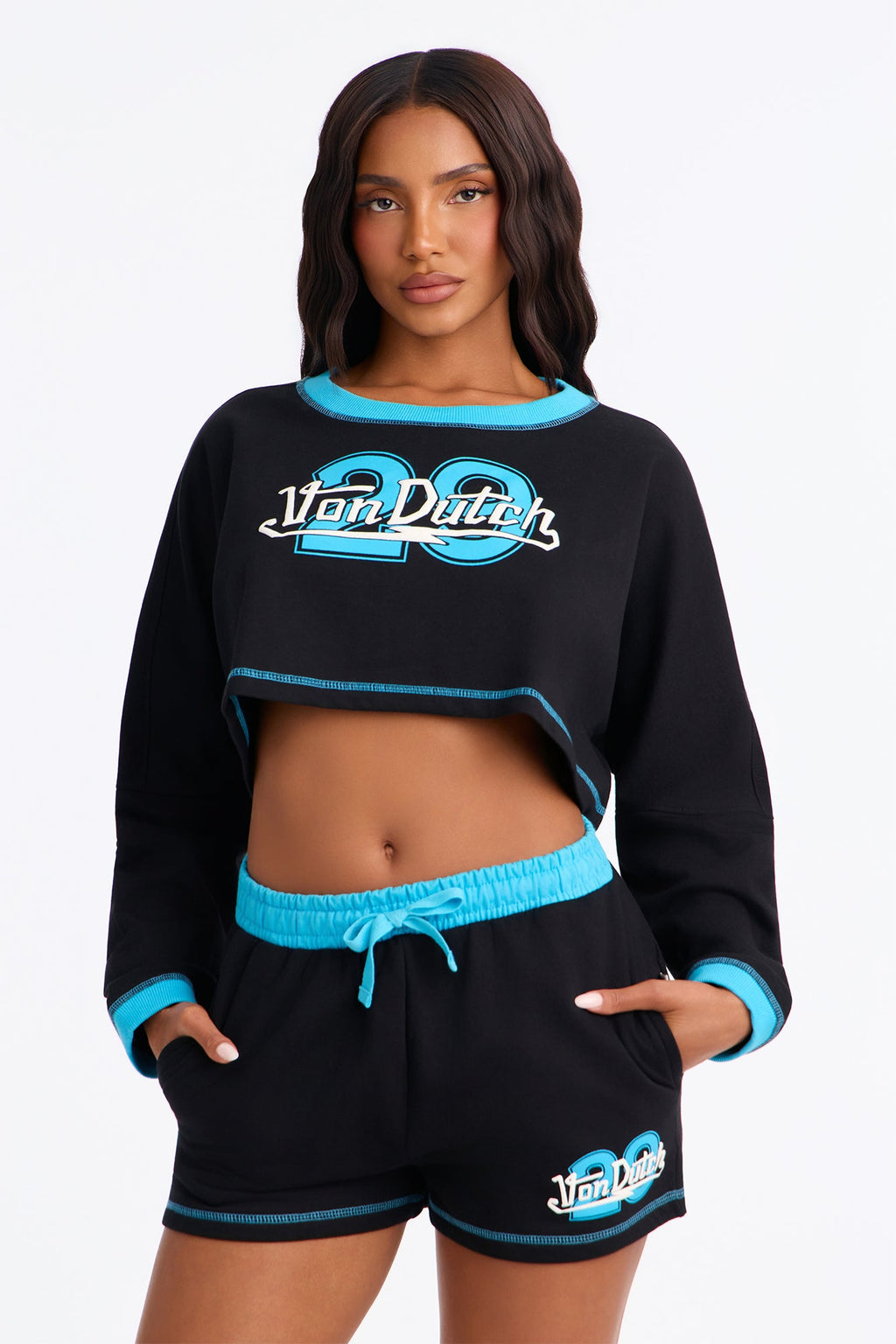 Von Dutch 29 Contrast Stitching Cotton PJ Short Set - Black/Blue