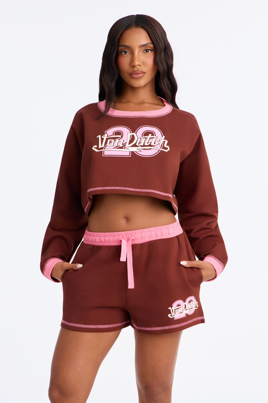 Von Dutch 29 Contrast Stitching Cotton PJ Short Set - Burgundy/combo