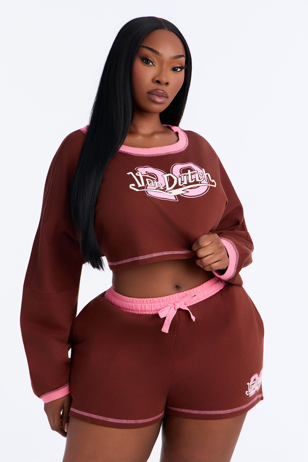 Von Dutch 29 Contrast Stitching Cotton PJ Short Set - Burgundy/combo
