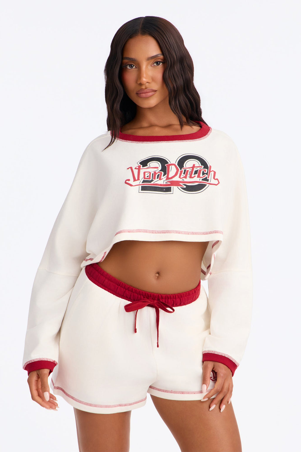 Von Dutch 29 Contrast Stitching Cotton PJ Short Set - Cream/combo