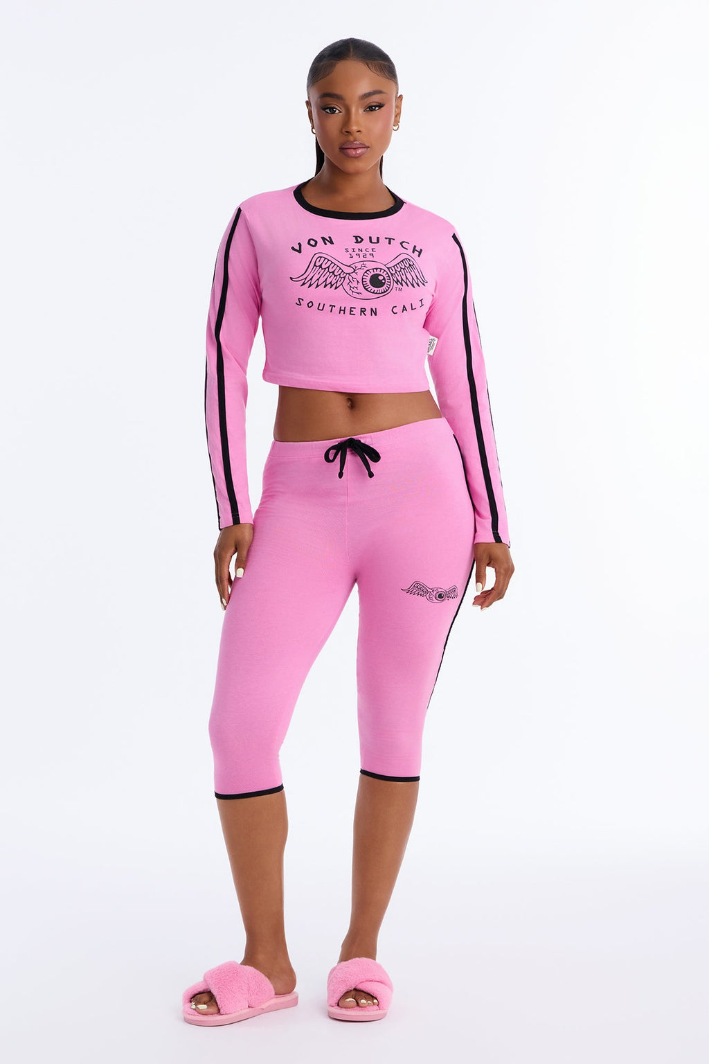 Von Dutch Southern Cali Flying Eye Contrast PJ Capri Pant Set - Pink/combo