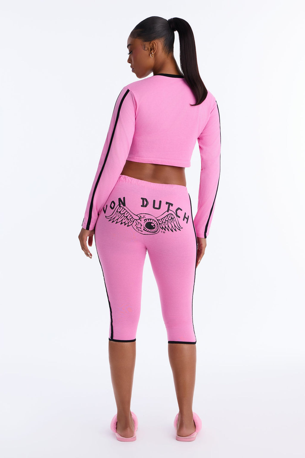 Von Dutch Southern Cali Flying Eye Contrast PJ Capri Pant Set - Pink/combo