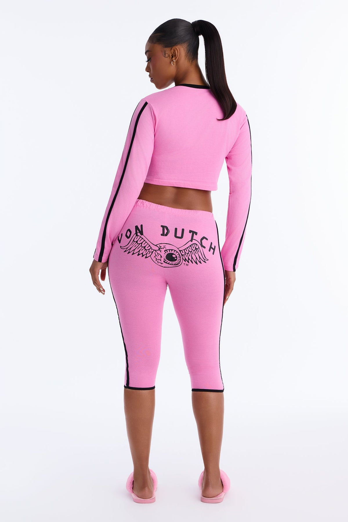 Von Dutch Southern Cali Flying Eye Contrast PJ Capri Pant Set - Pink/combo