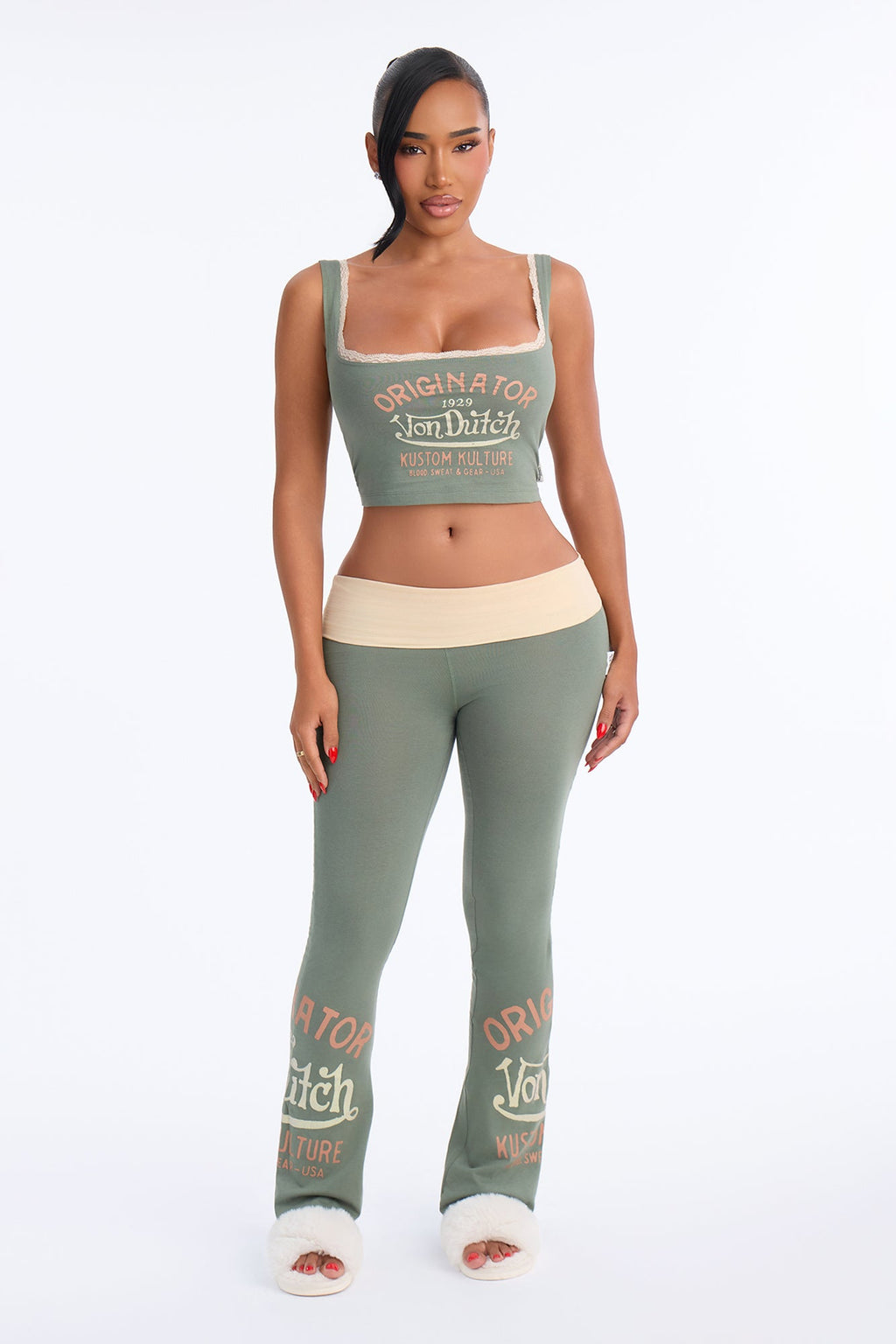 Von Dutch Originator Kustom Kulture Lace Flare PJ Pant Set - Olive/combo