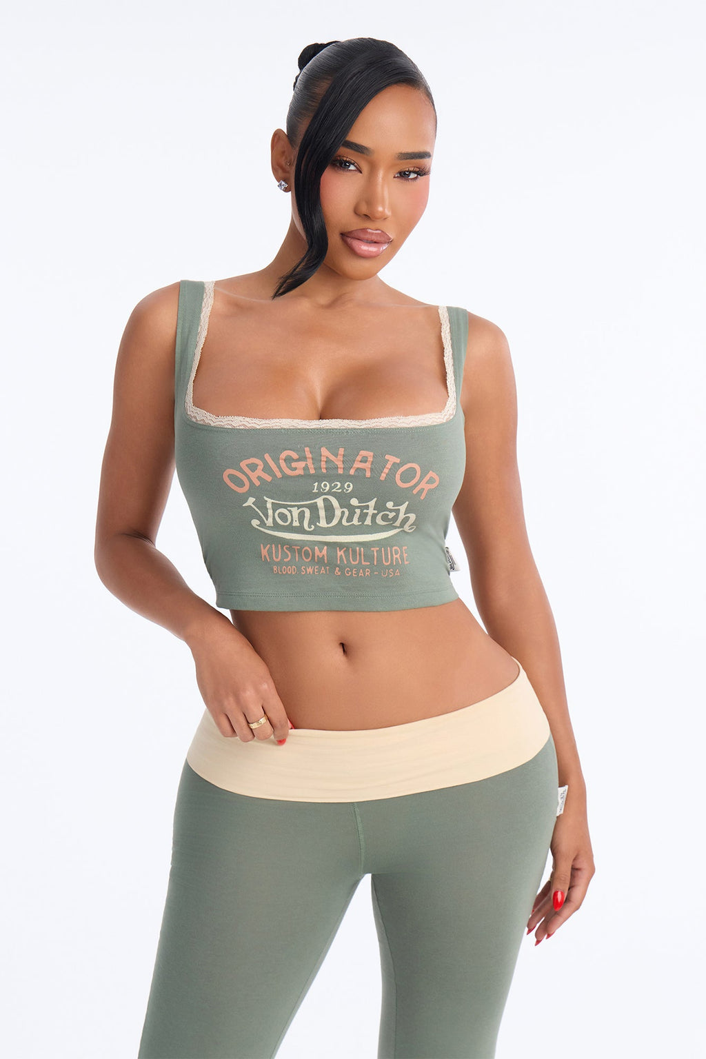 Von Dutch Originator Kustom Kulture Lace Flare PJ Pant Set - Olive/combo