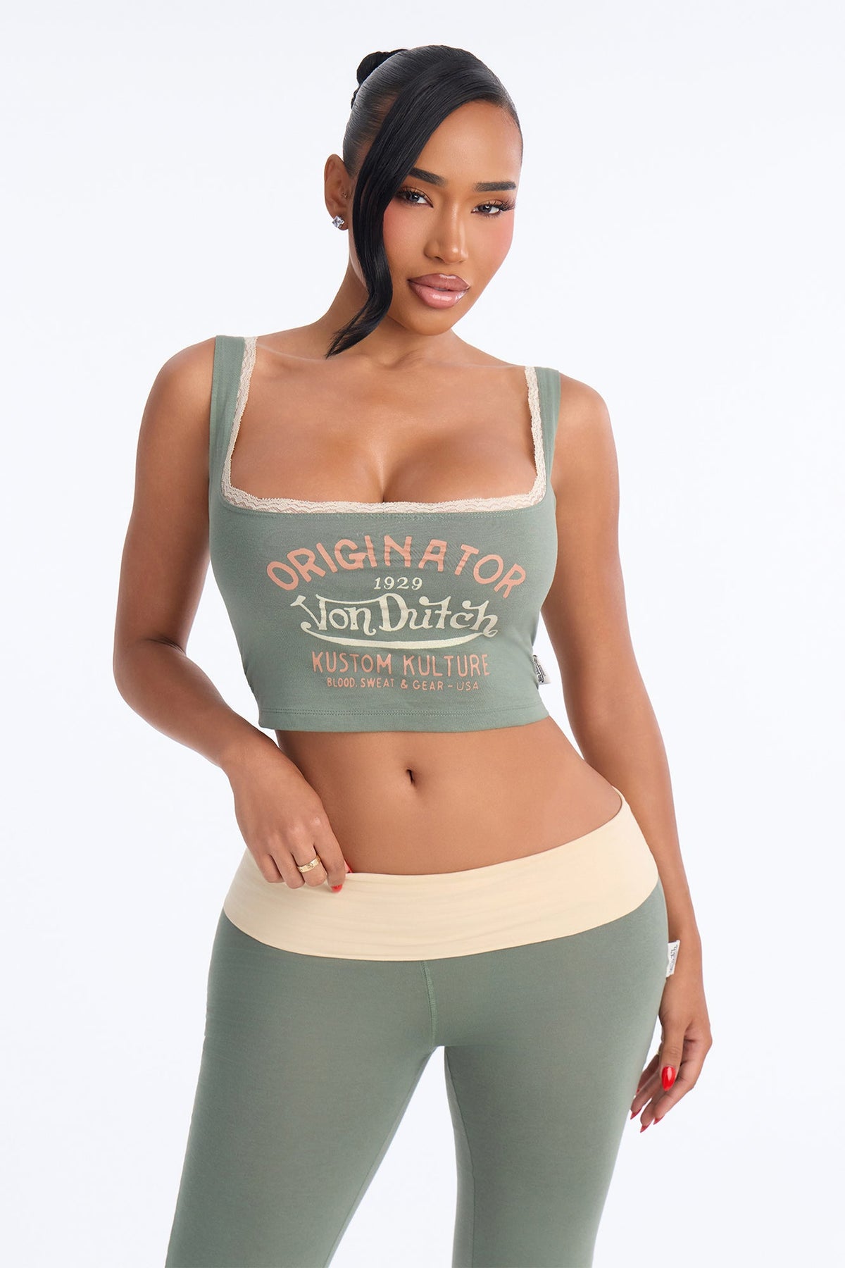Von Dutch Originator Kustom Kulture Lace Flare PJ Pant Set - Olive/combo