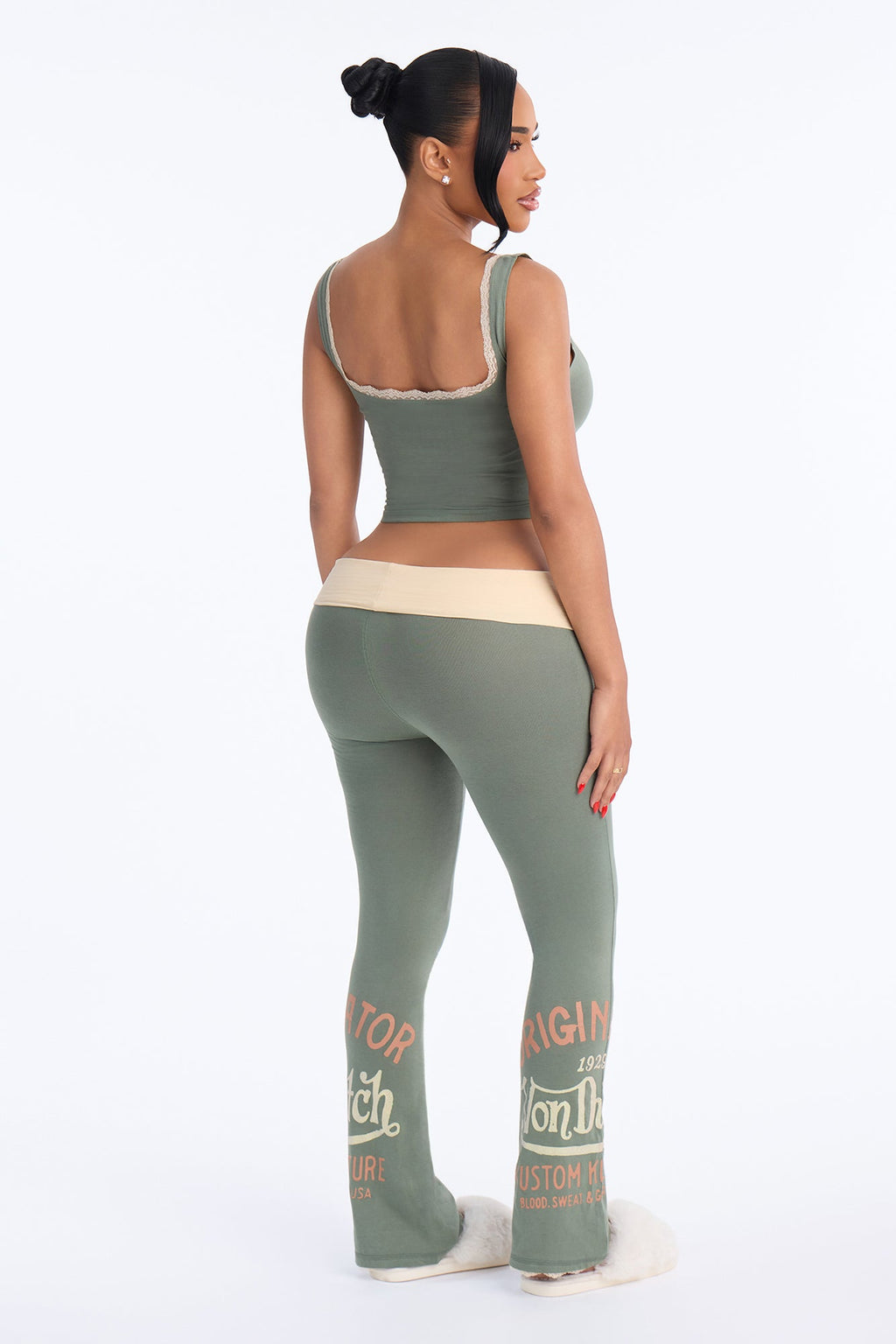 Von Dutch Originator Kustom Kulture Lace Flare PJ Pant Set - Olive/combo