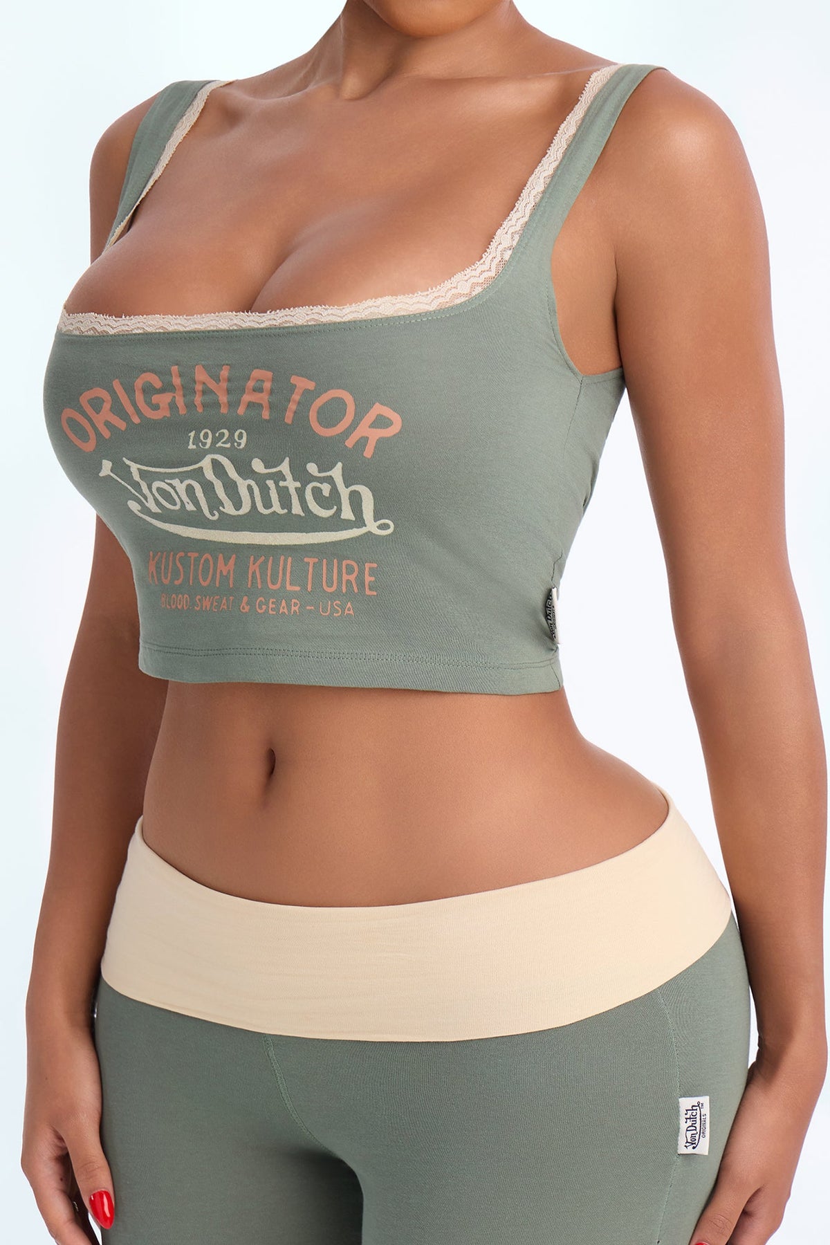 Von Dutch Originator Kustom Kulture Lace Flare PJ Pant Set - Olive/combo