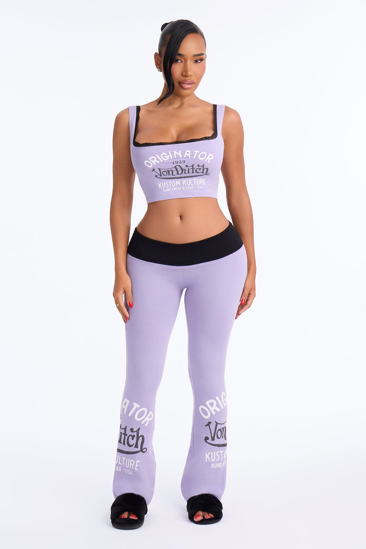 Von Dutch Originator Kustom Kulture Lace Flare PJ Pant Set - Purple/combo