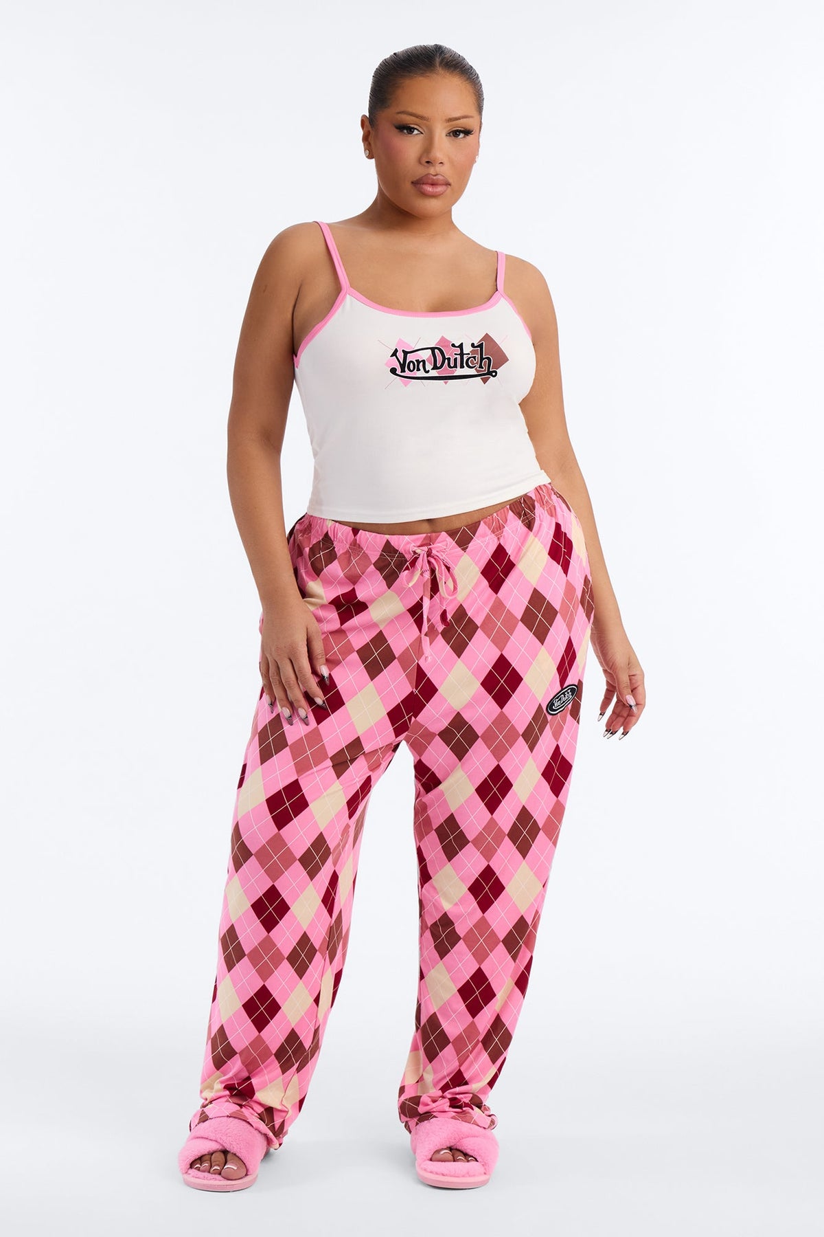 Von Dutch Pattern Contrast PJ Pant Set - Pink/combo