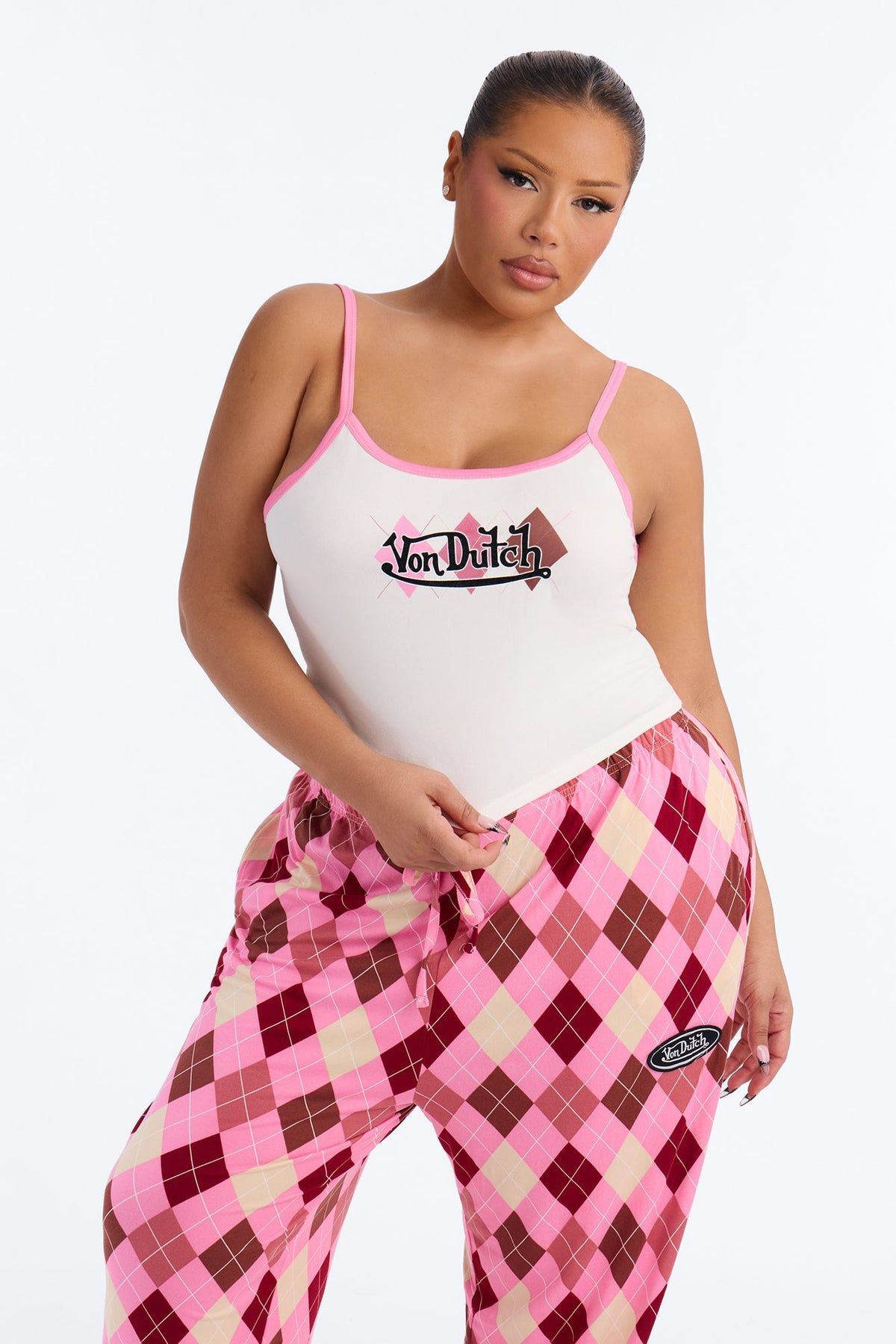 Von Dutch Pattern Contrast PJ Pant Set - Pink/combo