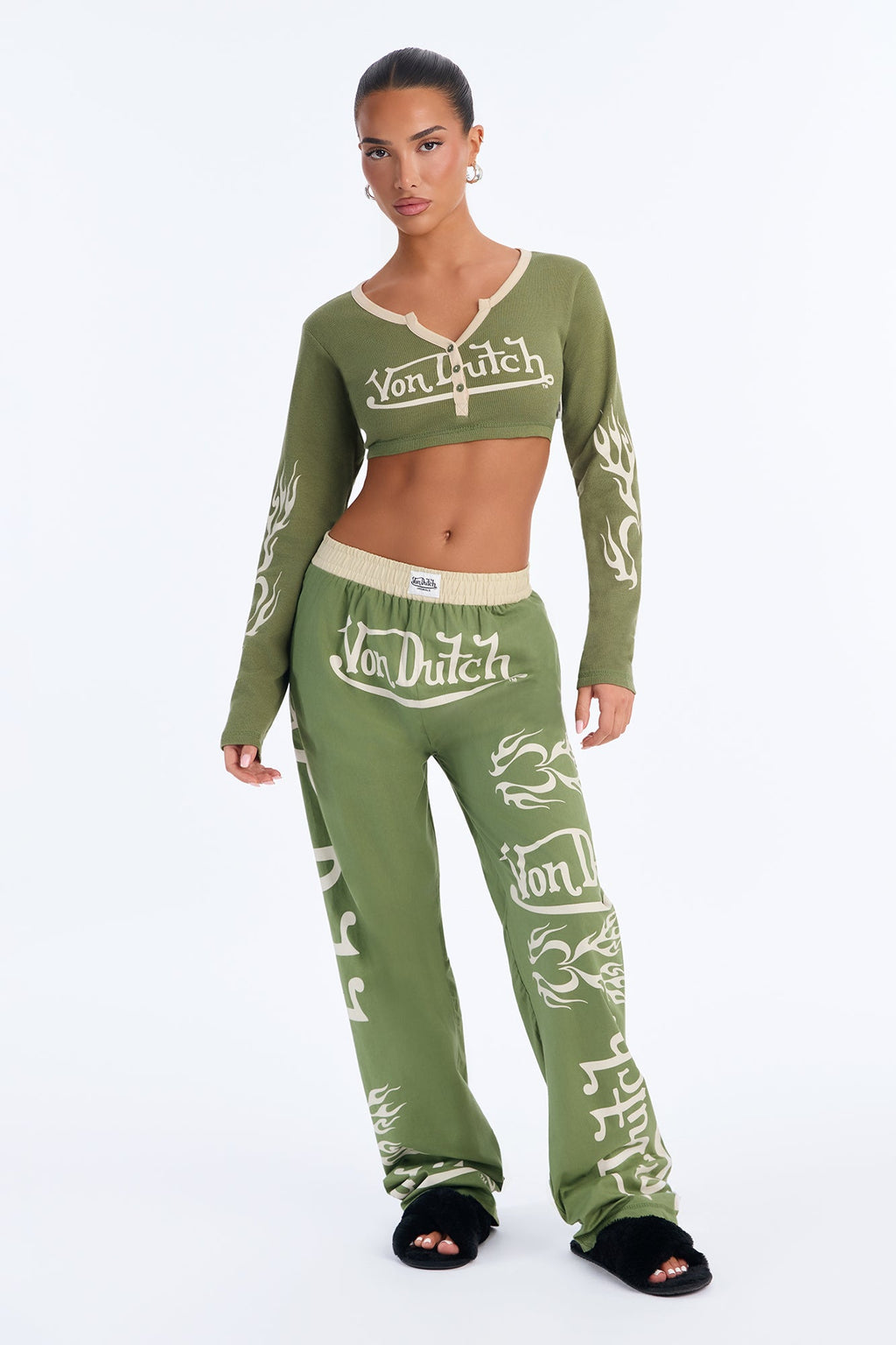 Von Dutch Flame Sleeve PJ Pant Set - Green/combo
