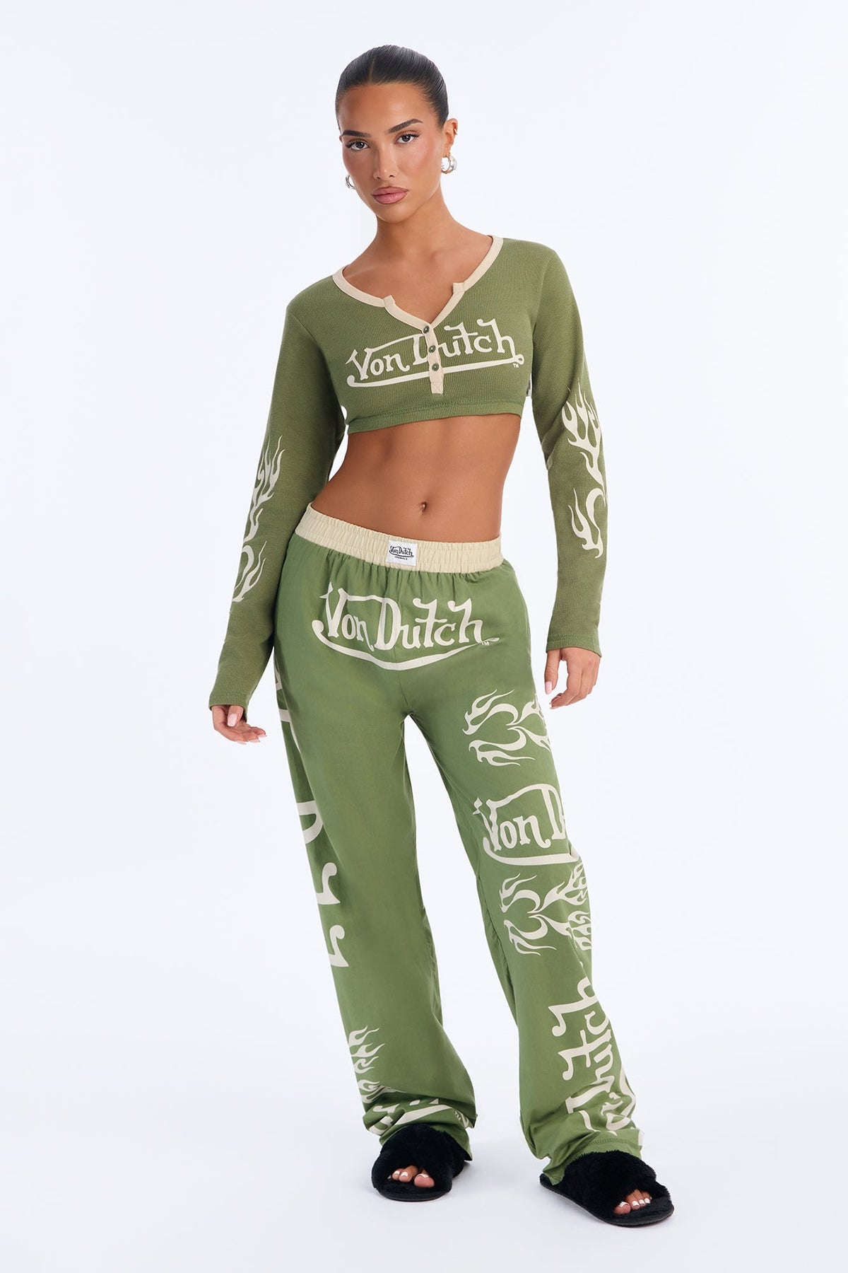 Von Dutch Flame Sleeve PJ Pant Set - Green/combo