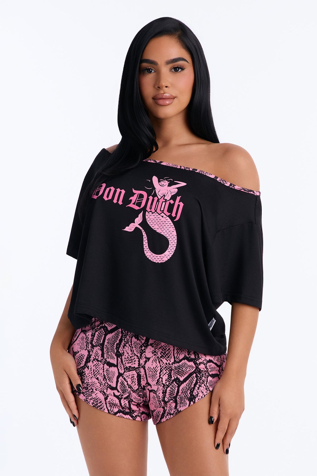 Von Dutch Off Shoulder PJ Short Set - Black/Pink