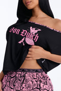 Von Dutch Off Shoulder PJ Short Set - Black/Pink