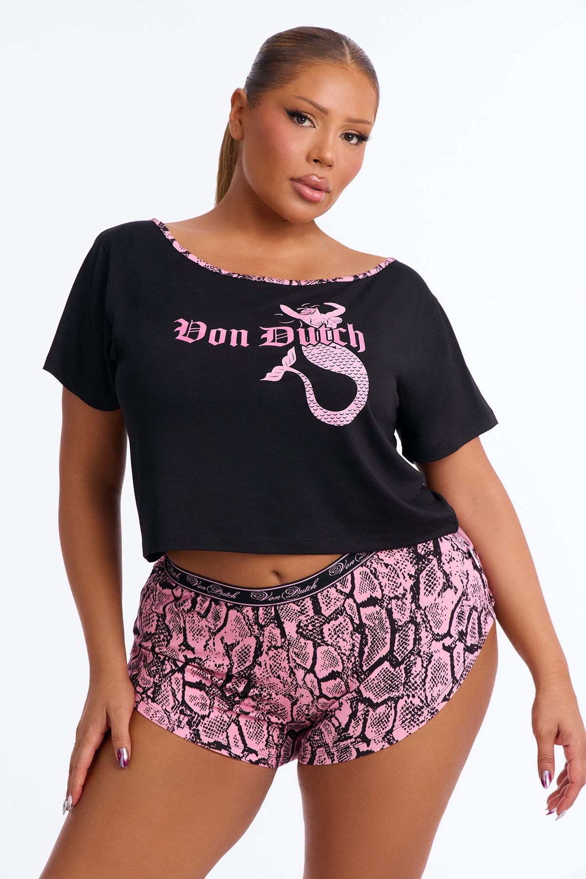 Von Dutch Off Shoulder PJ Short Set - Black/Pink