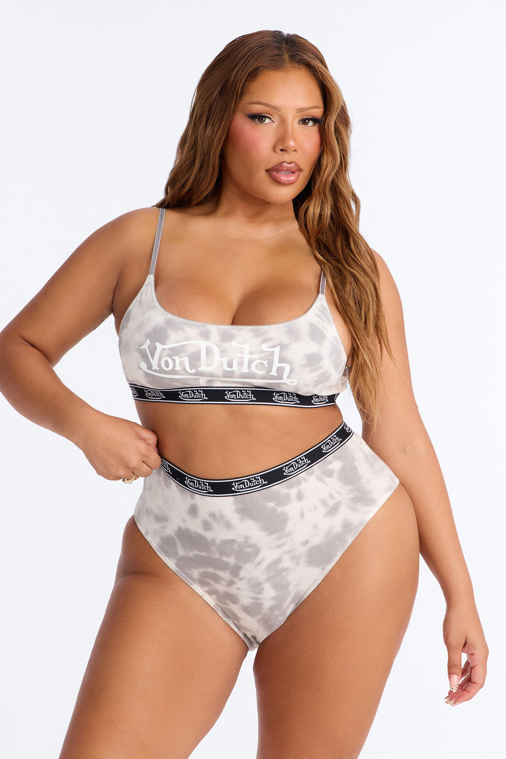 Von Dutch 2 Piece Bralette And High Waisted Thong Set - Grey/combo