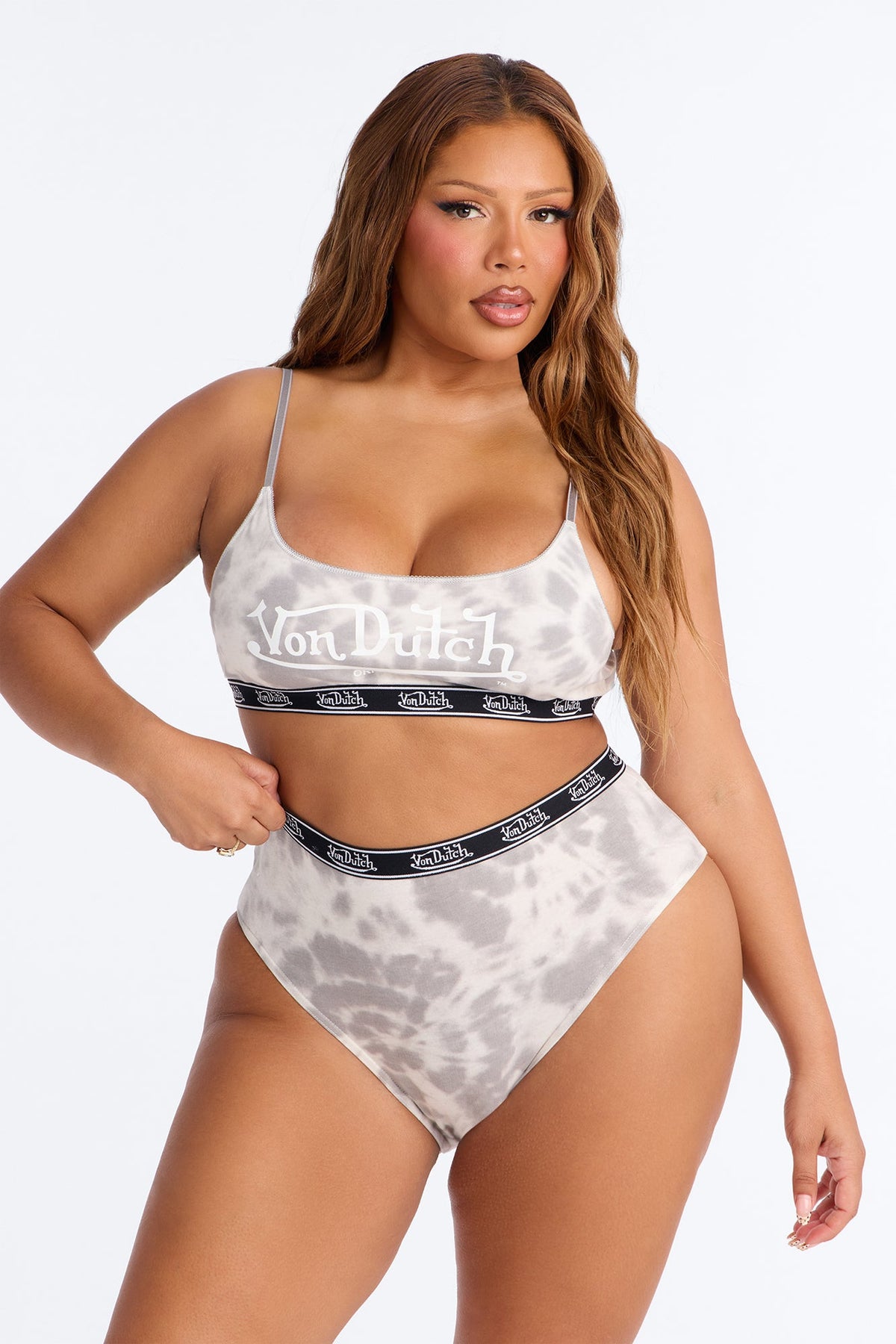 Von Dutch 2 Piece Bralette And High Waisted Thong Set - Grey/combo