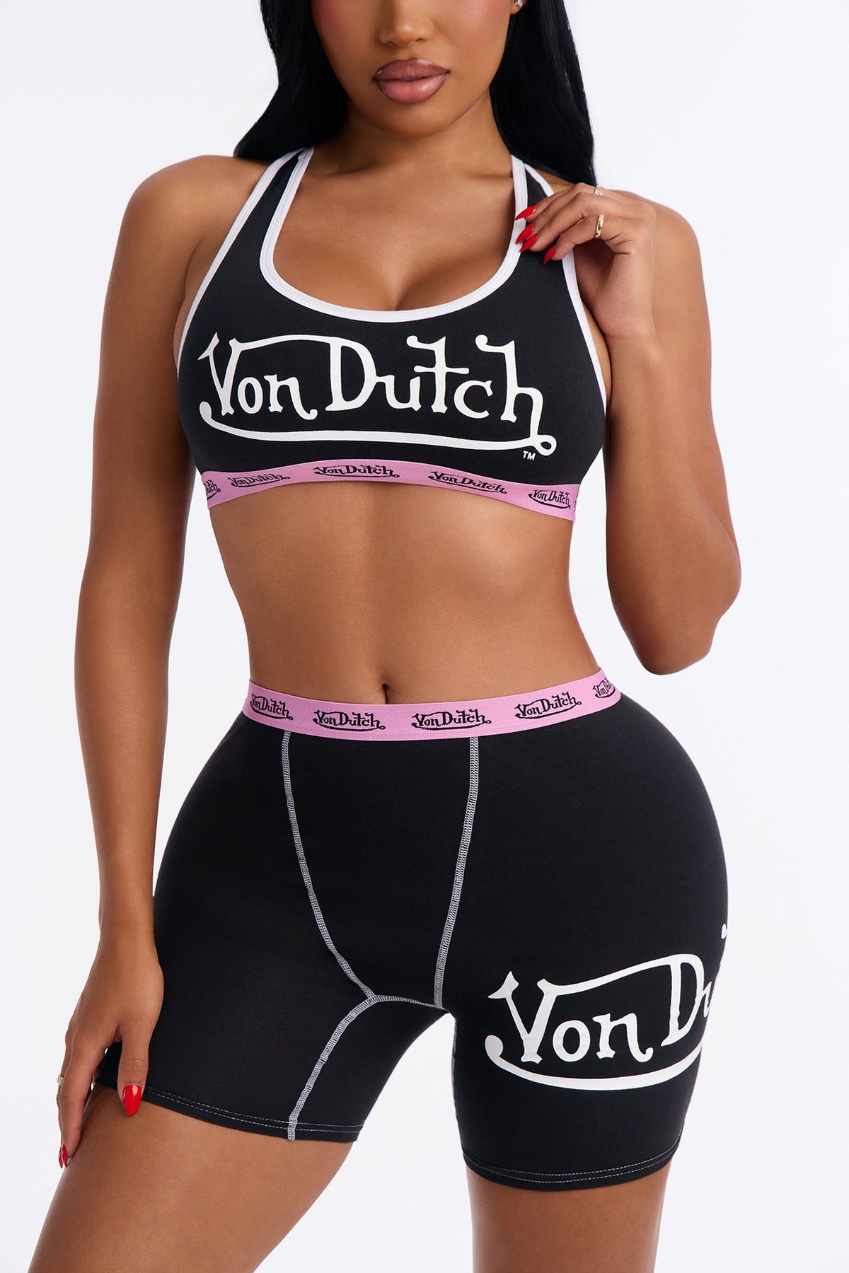 Von Dutch Contrast Bralette High Waist Brief 2 Piece Set - Black