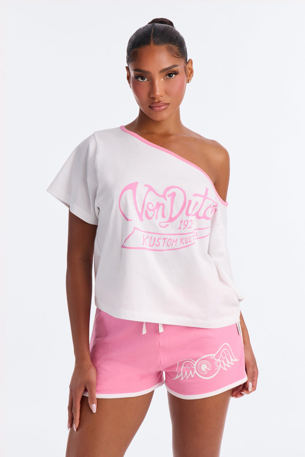 Von Dutch Flying Eye Contrast Off Shoulder PJ Short Set - Pink