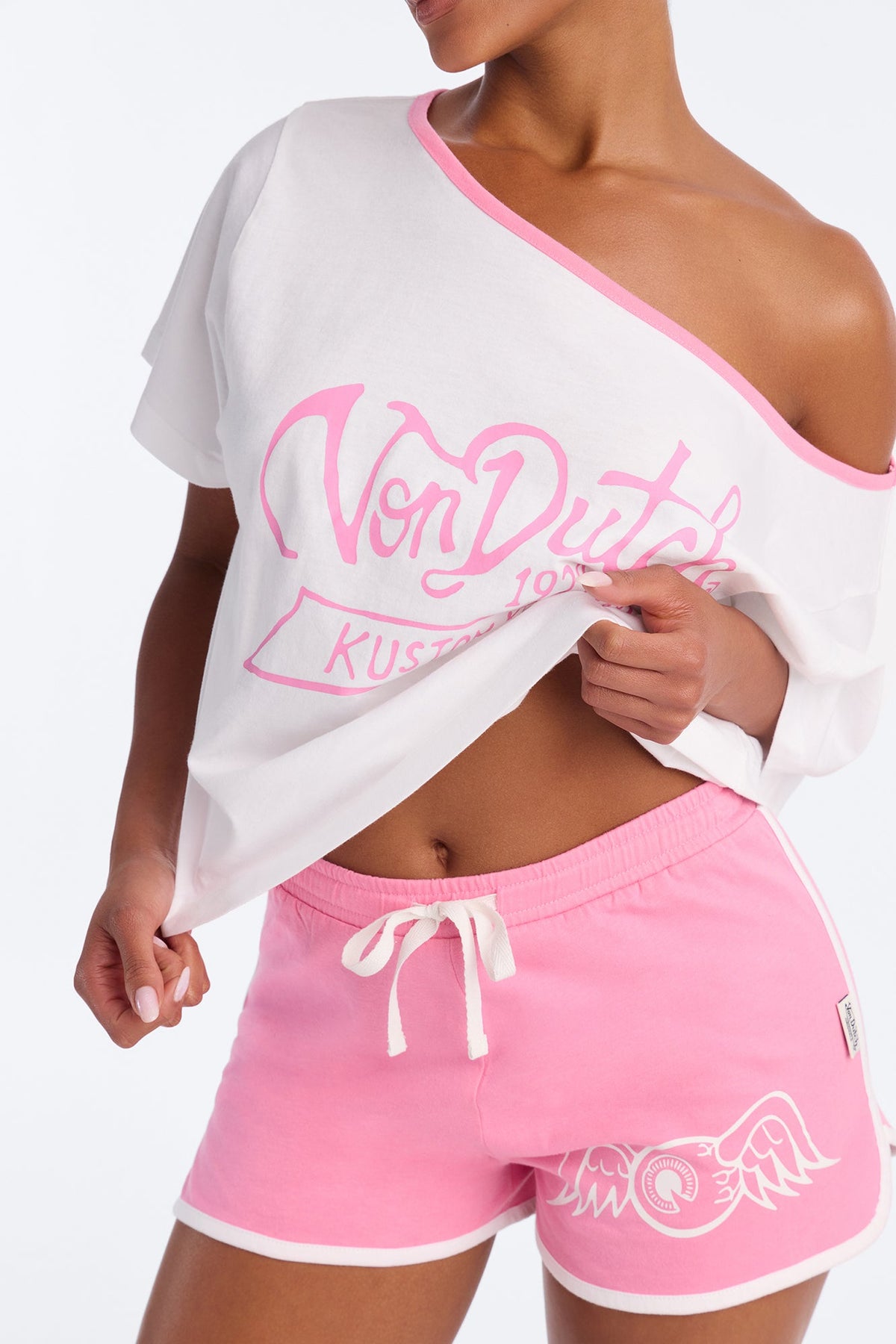 Von Dutch Flying Eye Contrast Off Shoulder PJ Short Set - Pink