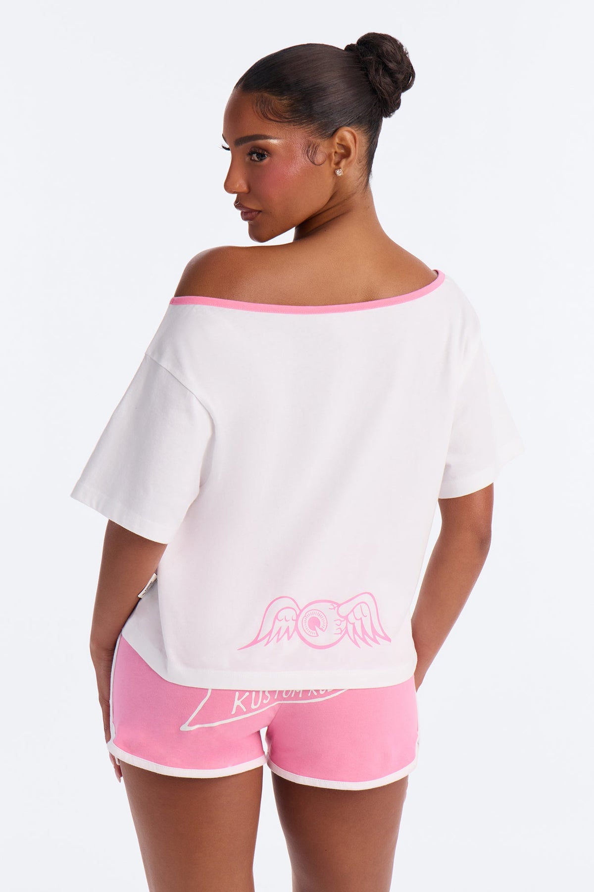 Von Dutch Flying Eye Contrast Off Shoulder PJ Short Set - Pink