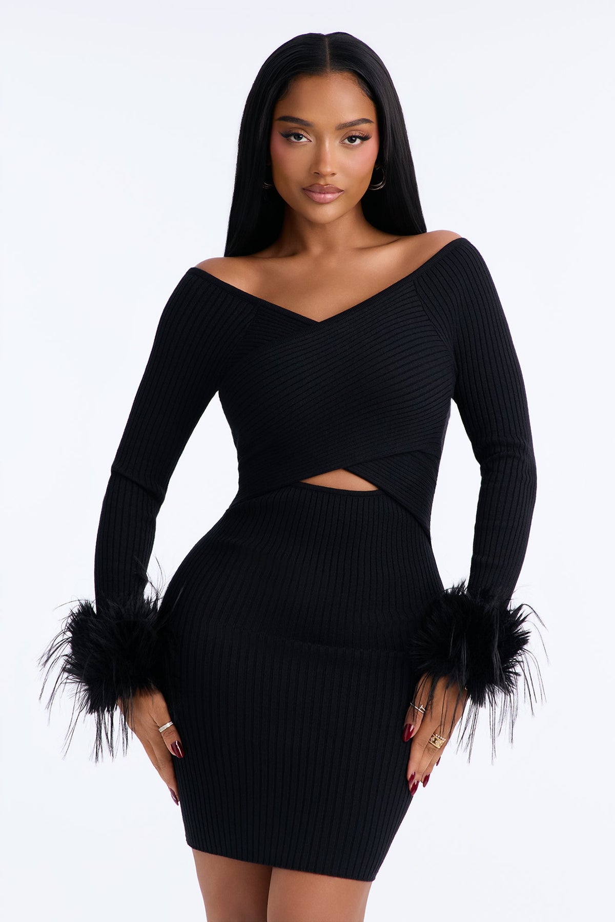 Cozy Plots Off Shoulder Mini Dress - Black