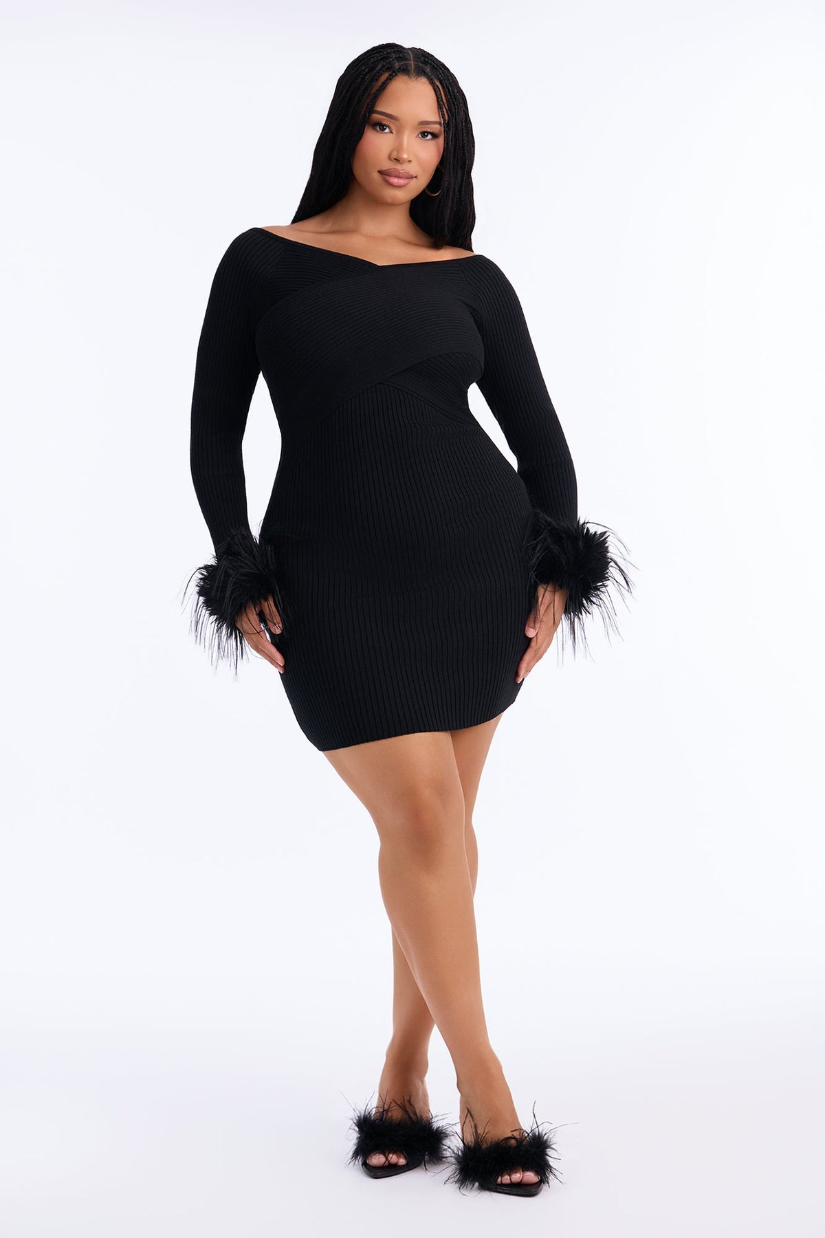 Cozy Plots Off Shoulder Mini Dress - Black