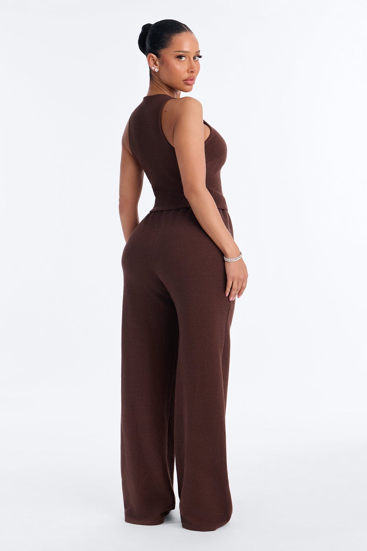 Alana Textured Wide Leg Pant Set - Chocolate