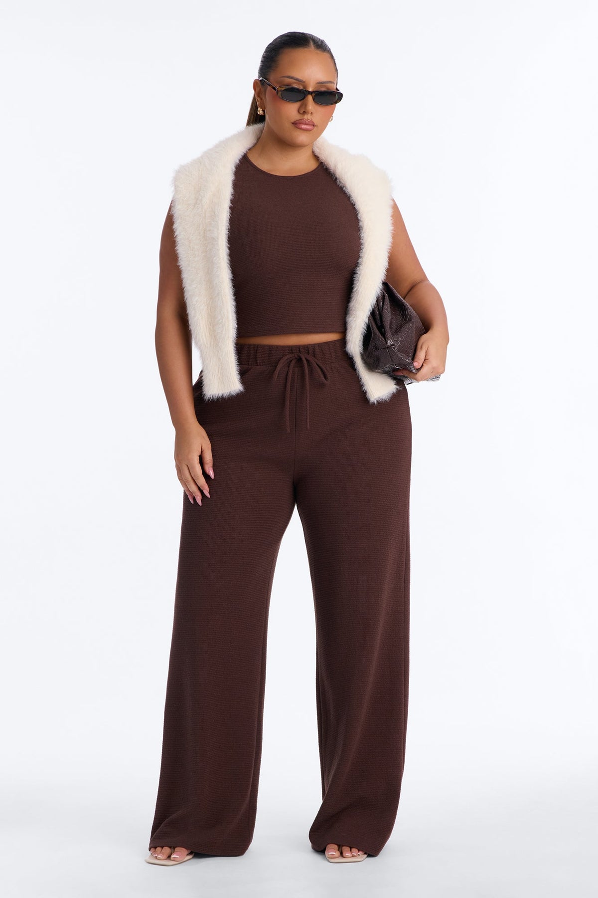 Alana Textured Wide Leg Pant Set - Chocolate