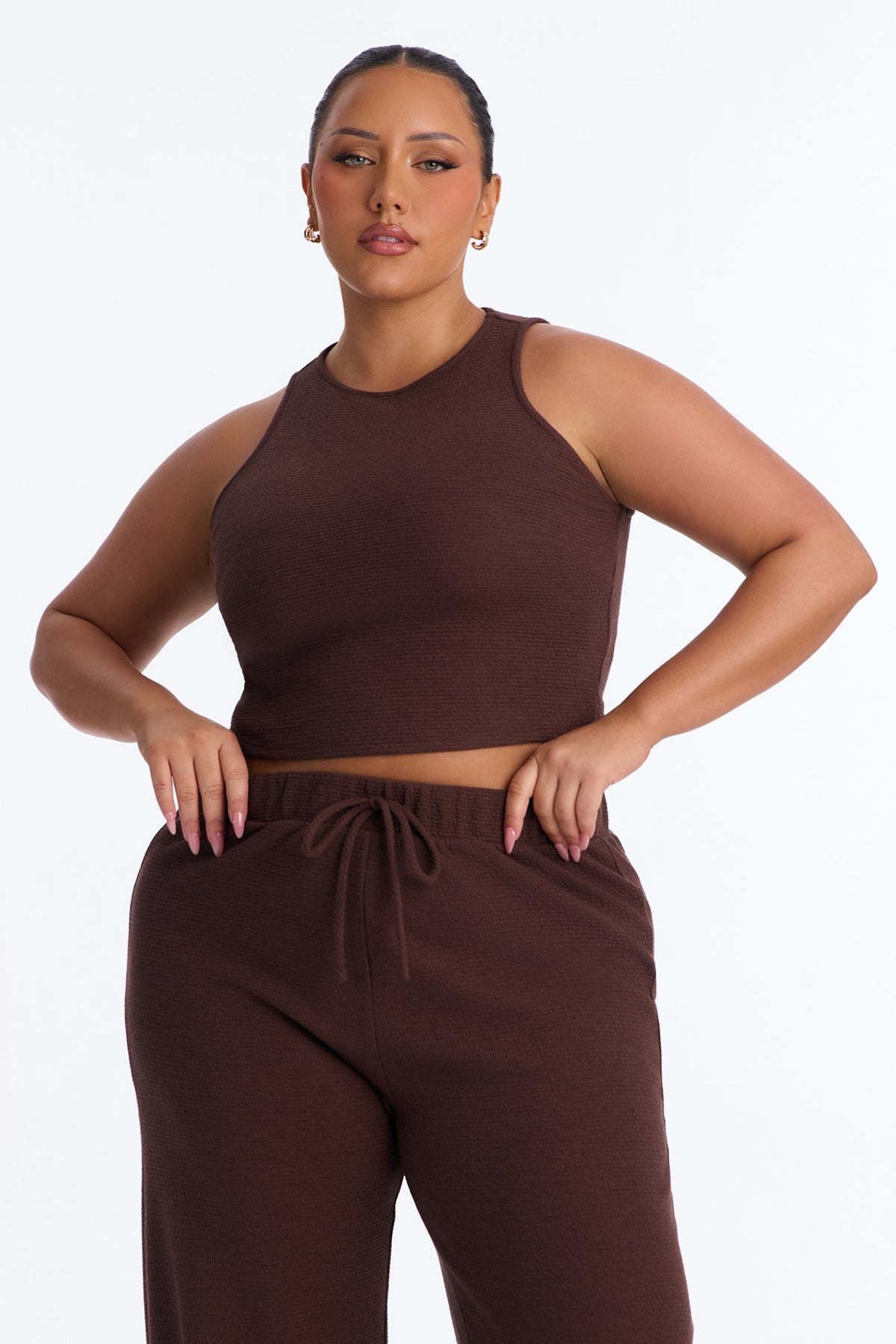 Alana Textured Wide Leg Pant Set - Chocolate