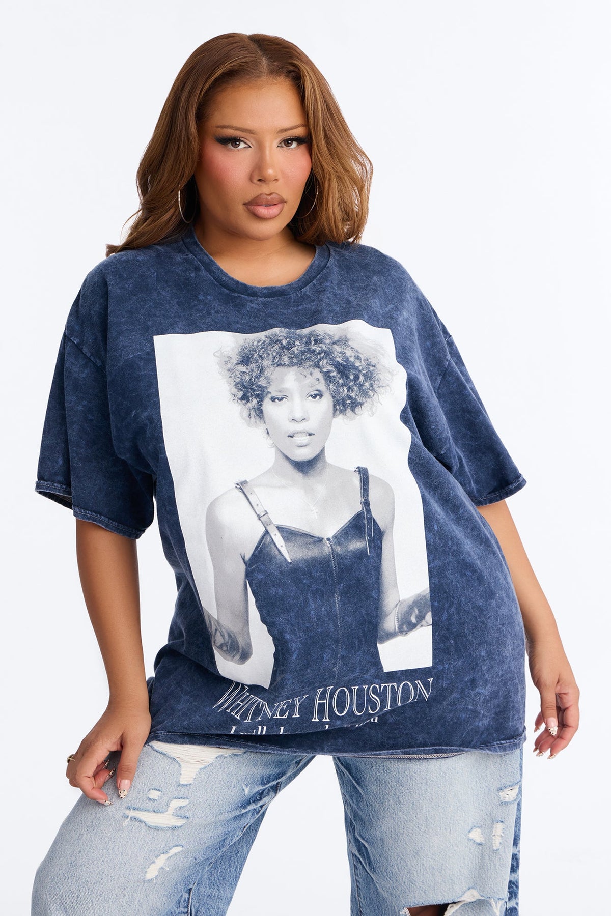 Whitney Houston Icon Portrait Oversized Tee - Navy