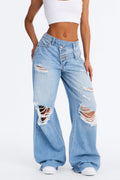 Twofold Crossover Ripped Wide Leg Jeans - Light Wash