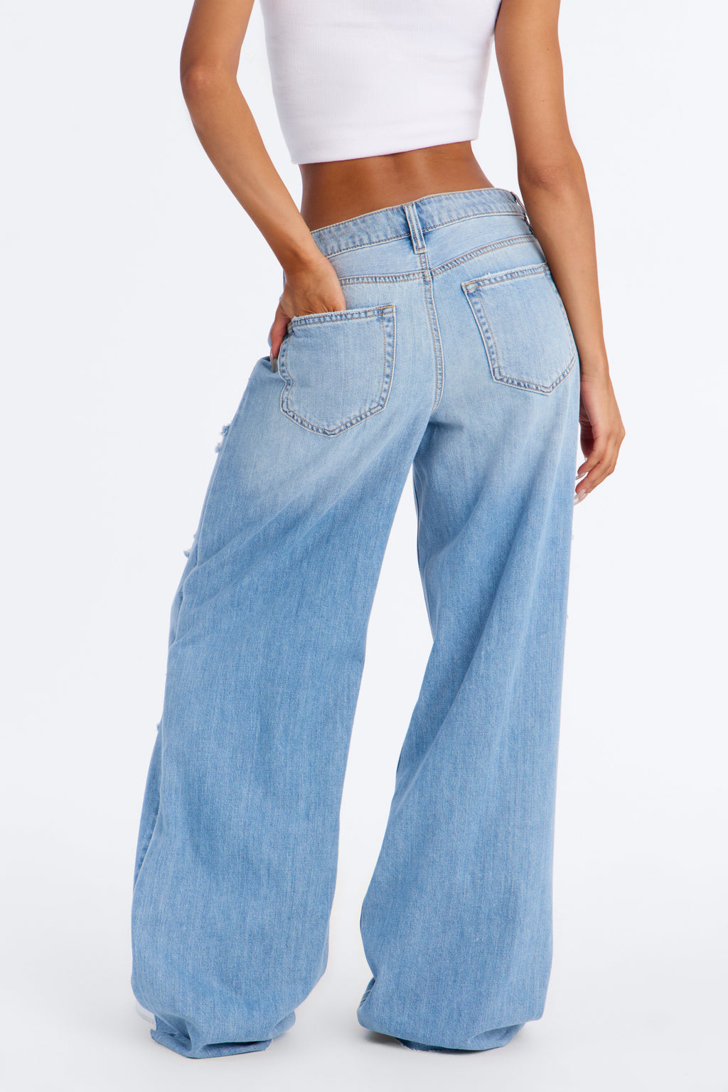 Twofold Crossover Ripped Wide Leg Jeans - Light Wash