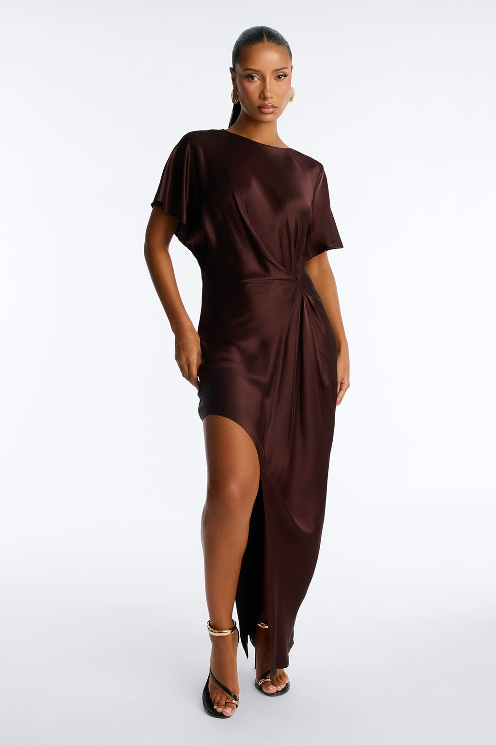 Melania Satin Asymmetrical Maxi Dress - Chocolate