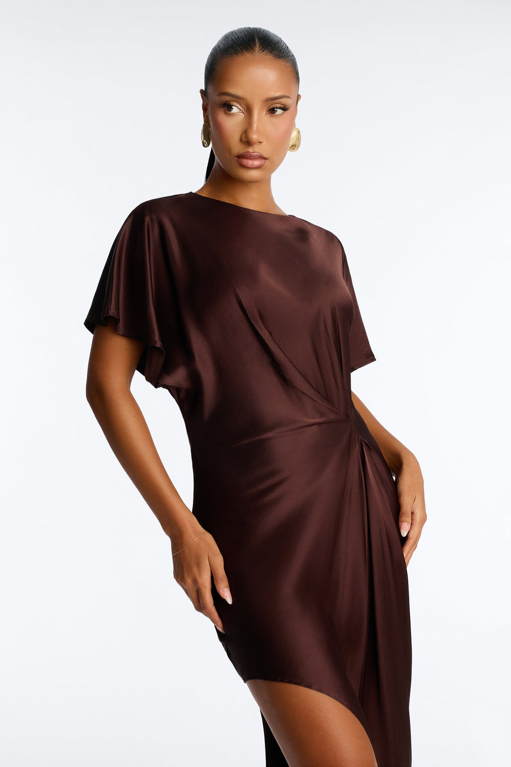Melania Satin Asymmetrical Maxi Dress - Chocolate