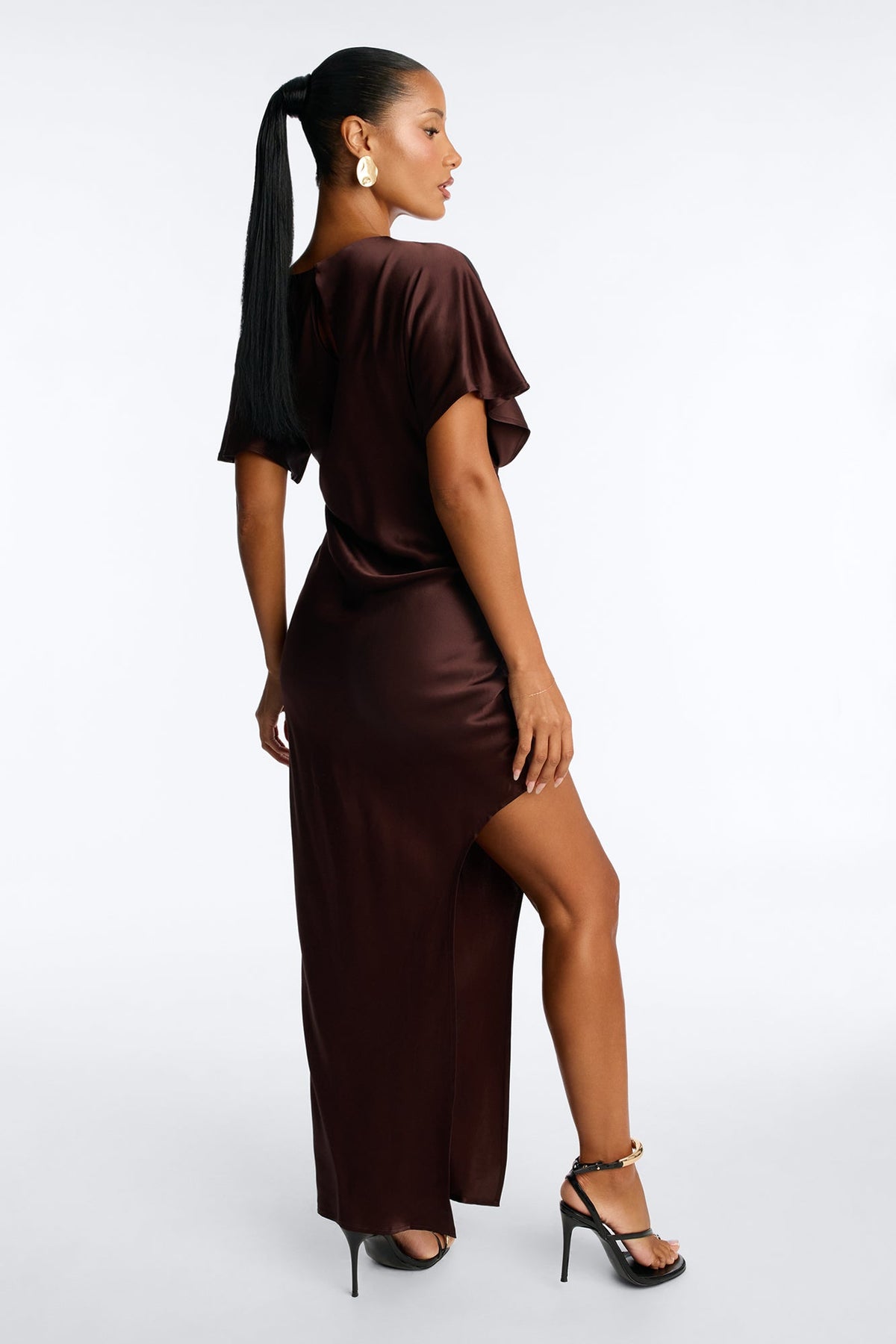 Melania Satin Asymmetrical Maxi Dress - Chocolate
