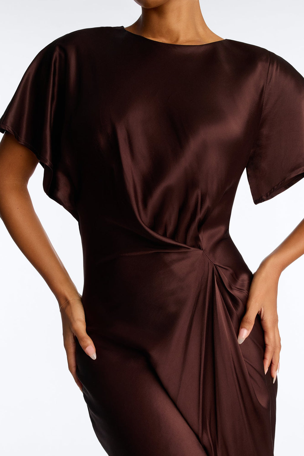 Melania Satin Asymmetrical Maxi Dress - Chocolate