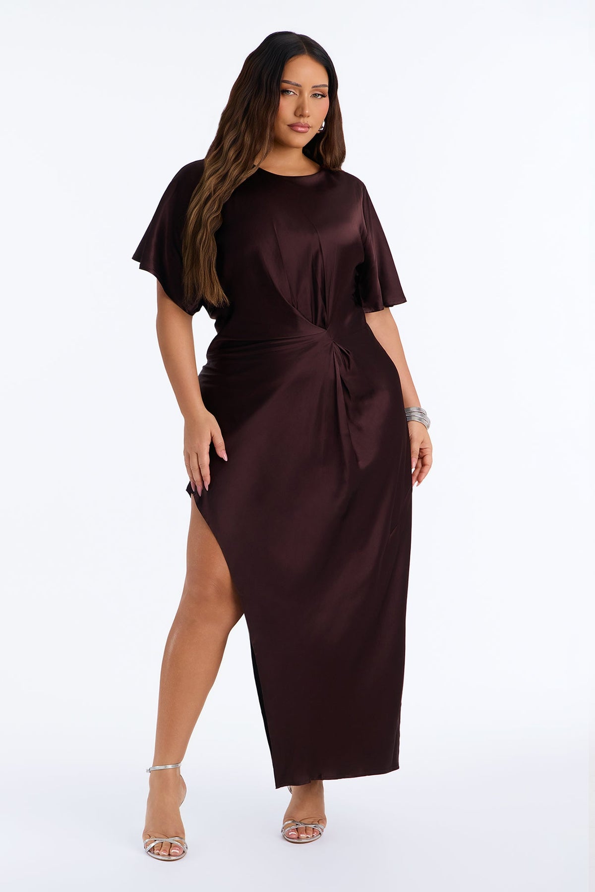 Melania Satin Asymmetrical Maxi Dress - Chocolate