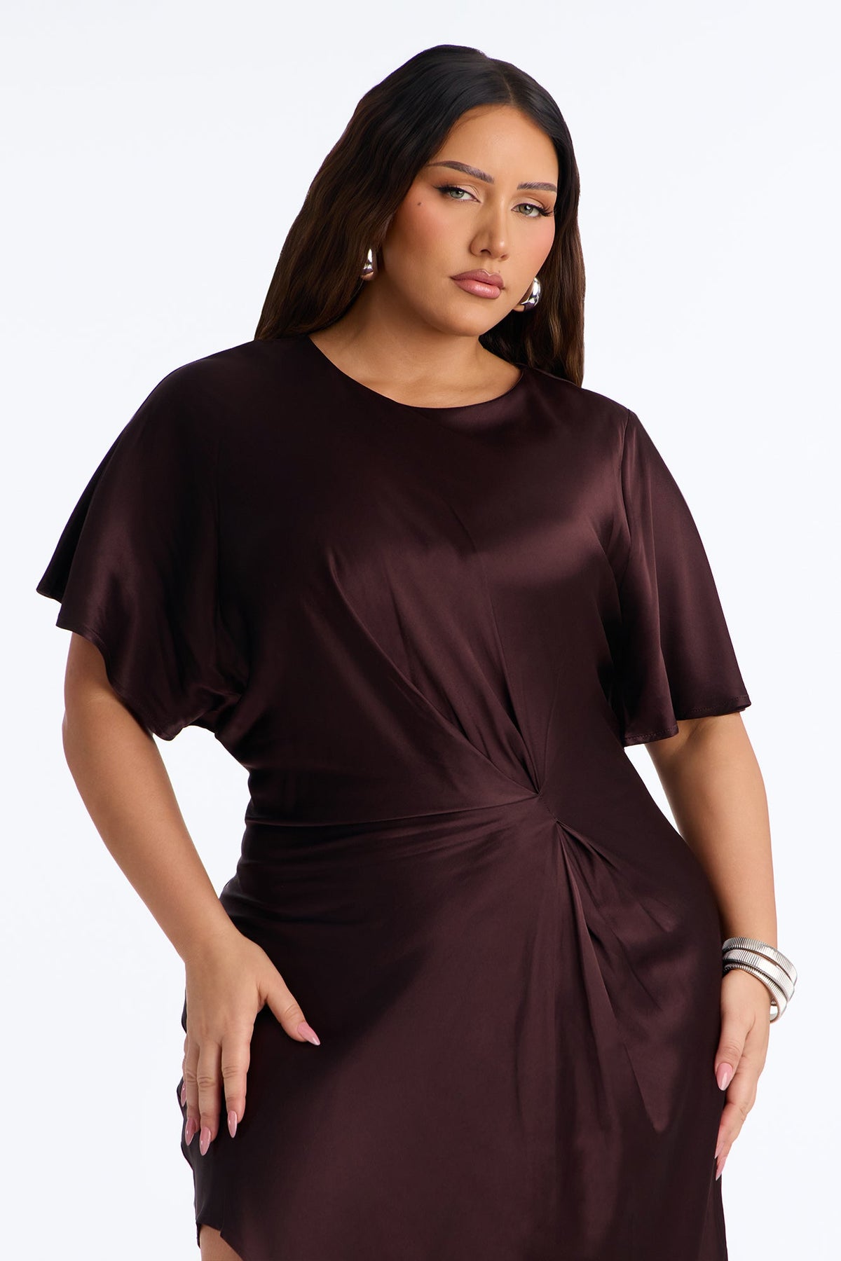 Melania Satin Asymmetrical Maxi Dress - Chocolate