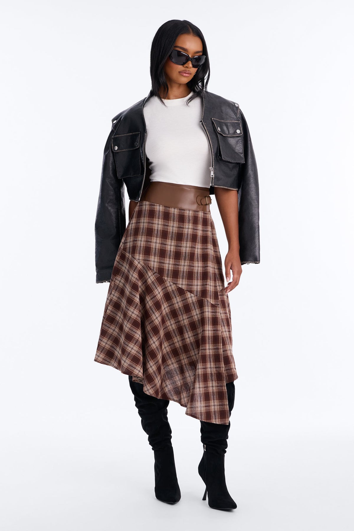 Both Ways Plaid Belted Midi Dress - Brown/combo