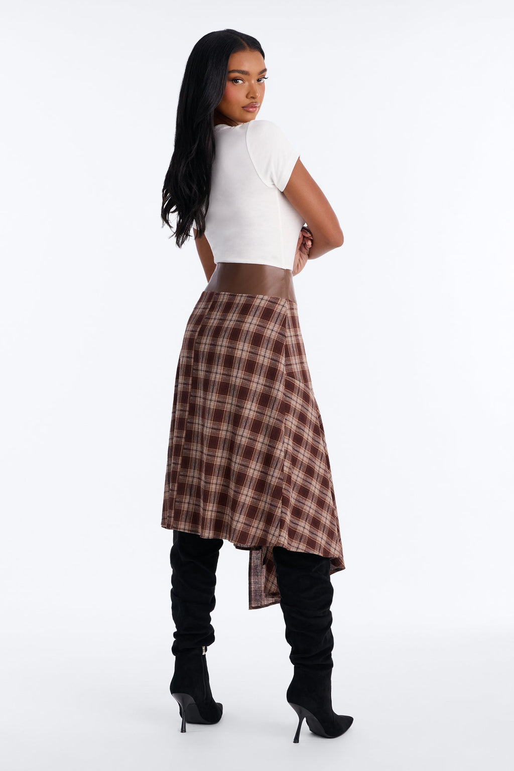 Both Ways Plaid Belted Midi Dress - Brown/combo