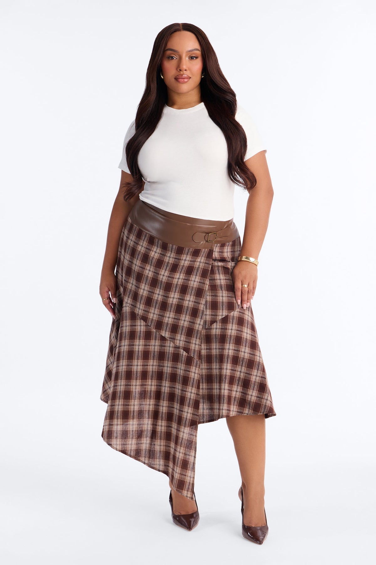 Both Ways Plaid Belted Midi Dress - Brown/combo