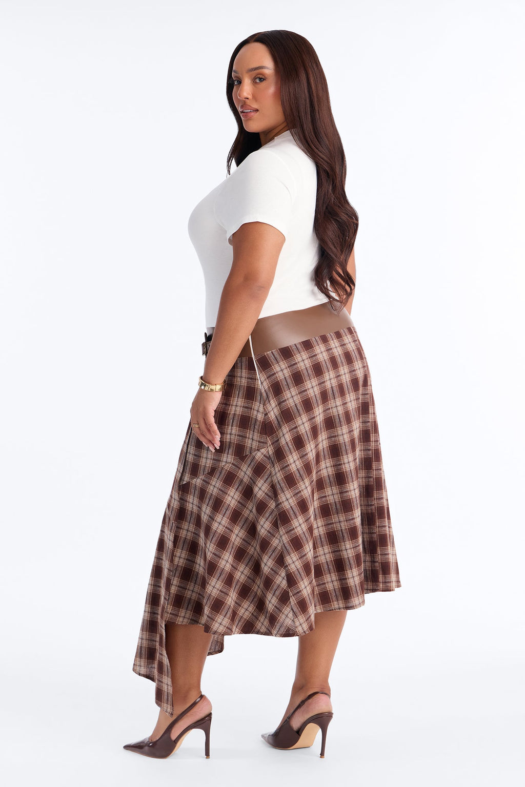 Both Ways Plaid Belted Midi Dress - Brown/combo