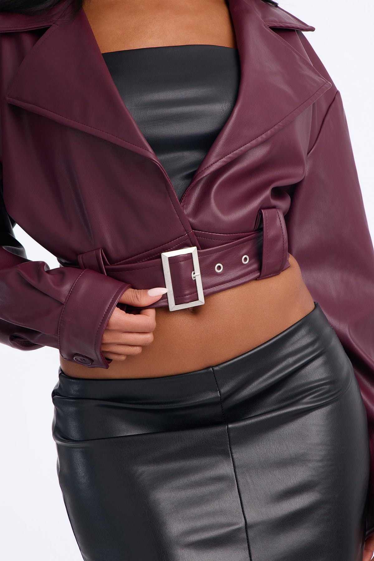My Best Behavior Faux Leather Cropped Jacket - Burgundy