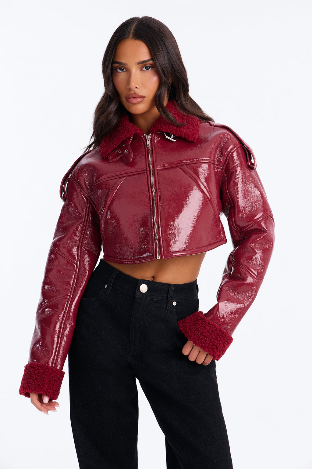 Bad Influence Faux Leather Cropped Jacket - DarkRed